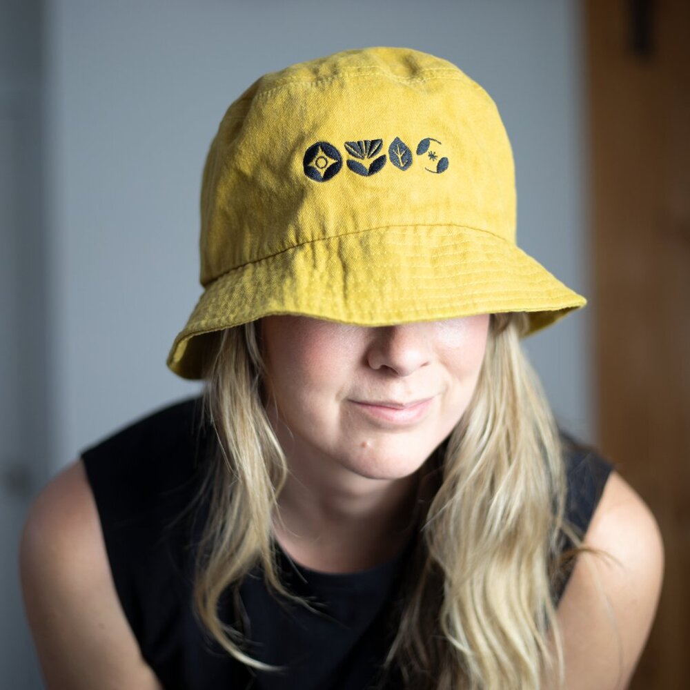 Mustard Yellow Embroidered Cotton Bucket Hat | Nature Icons | Celestial Boho - Picture 4 of 6